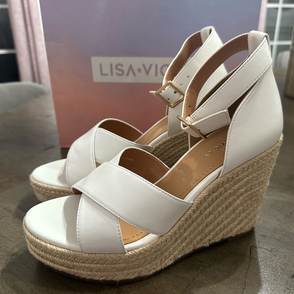 New $100 Lisa Vicky Leather Nordstrom Gemi Espadrille Wedge Sandal Sz 8.5 White - Picture 4 of 12